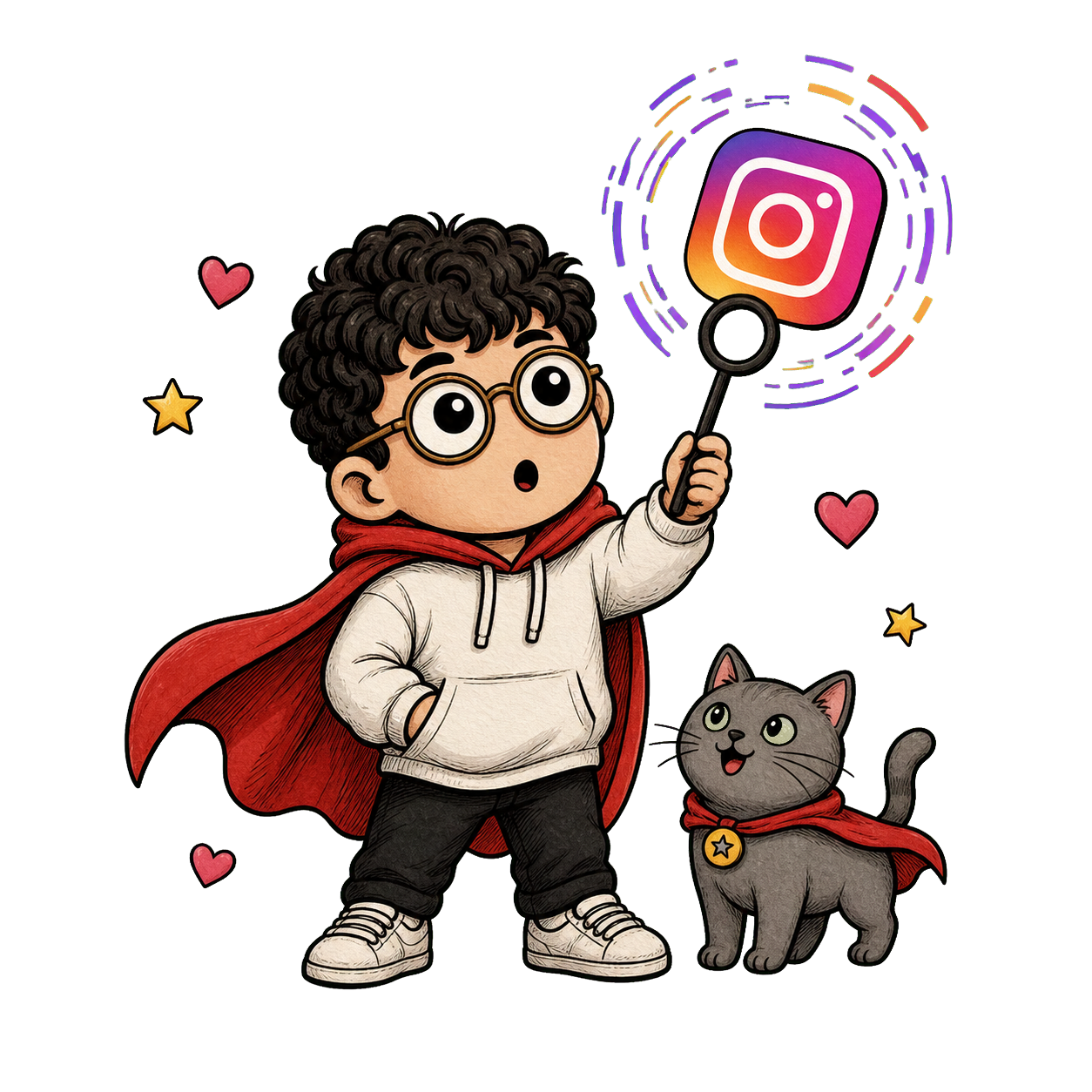 IG HERO mascot scanning one Instagram account health signal with a gray cat companion