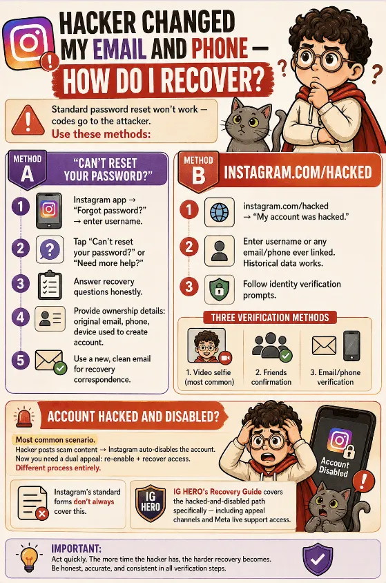 infographic image on the recovery method for hacked instagram account when hacker changed email and phone number