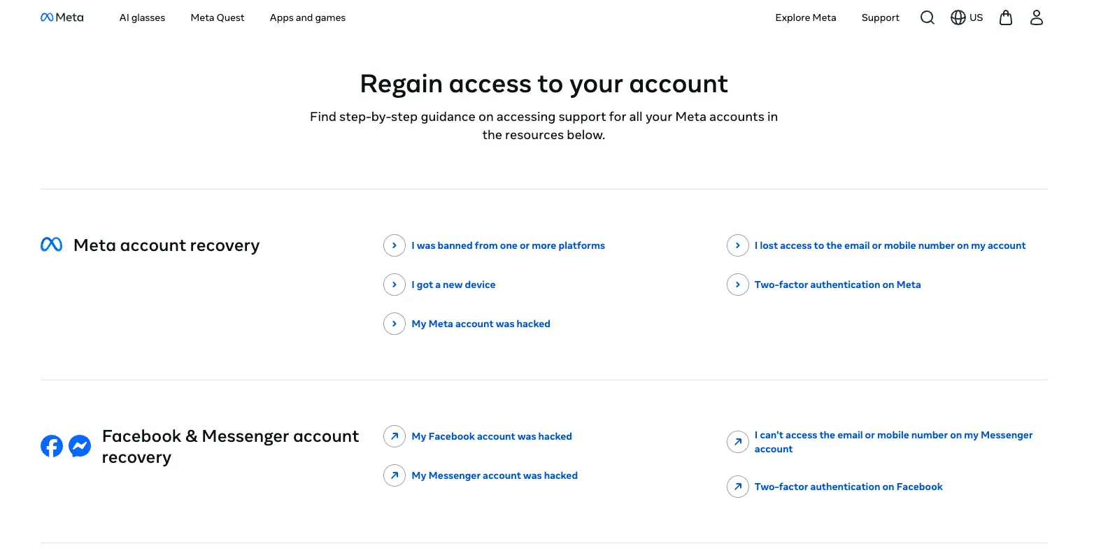 meta account recovery support hub