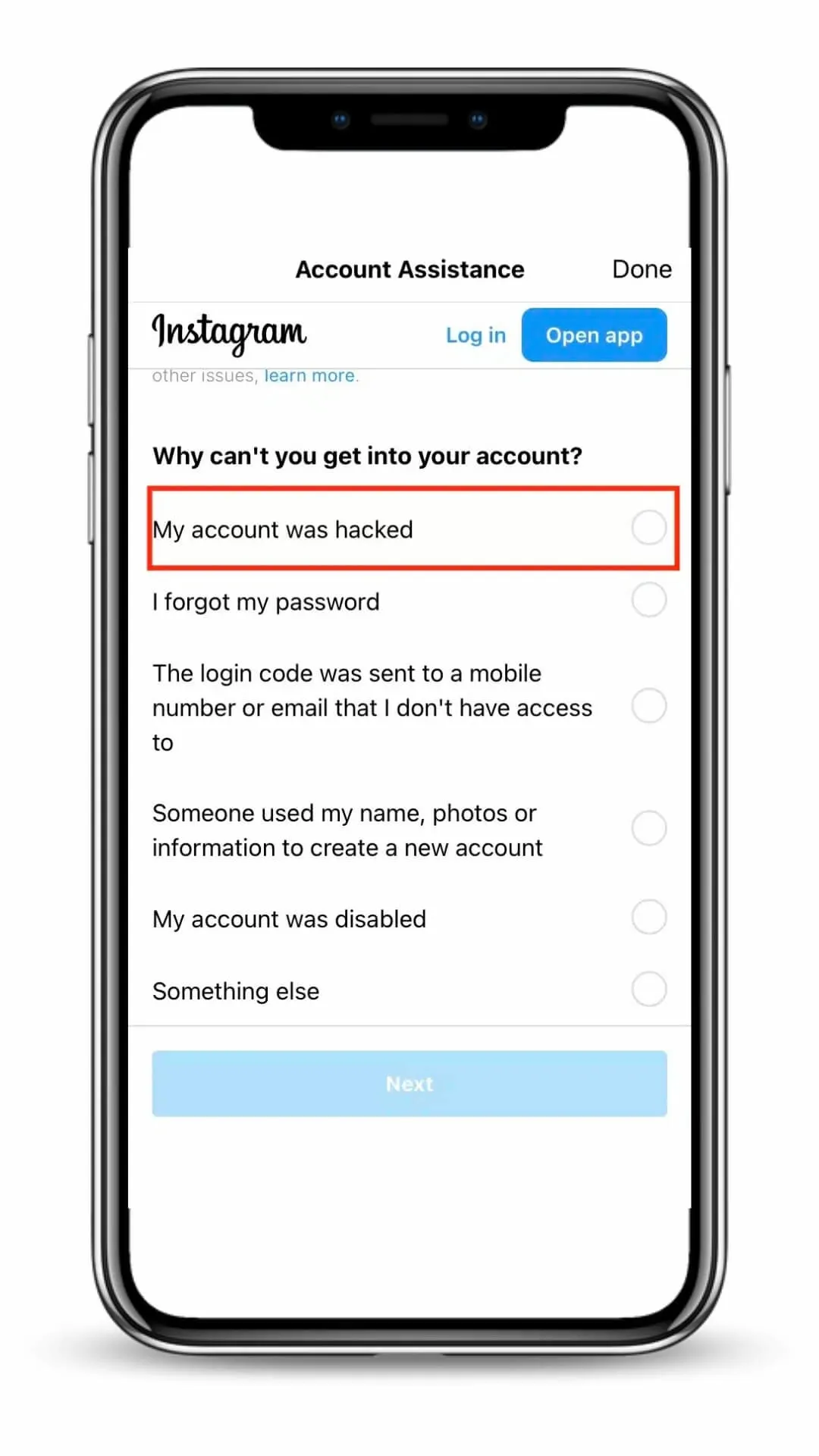 click on my account was hacked option on instagram