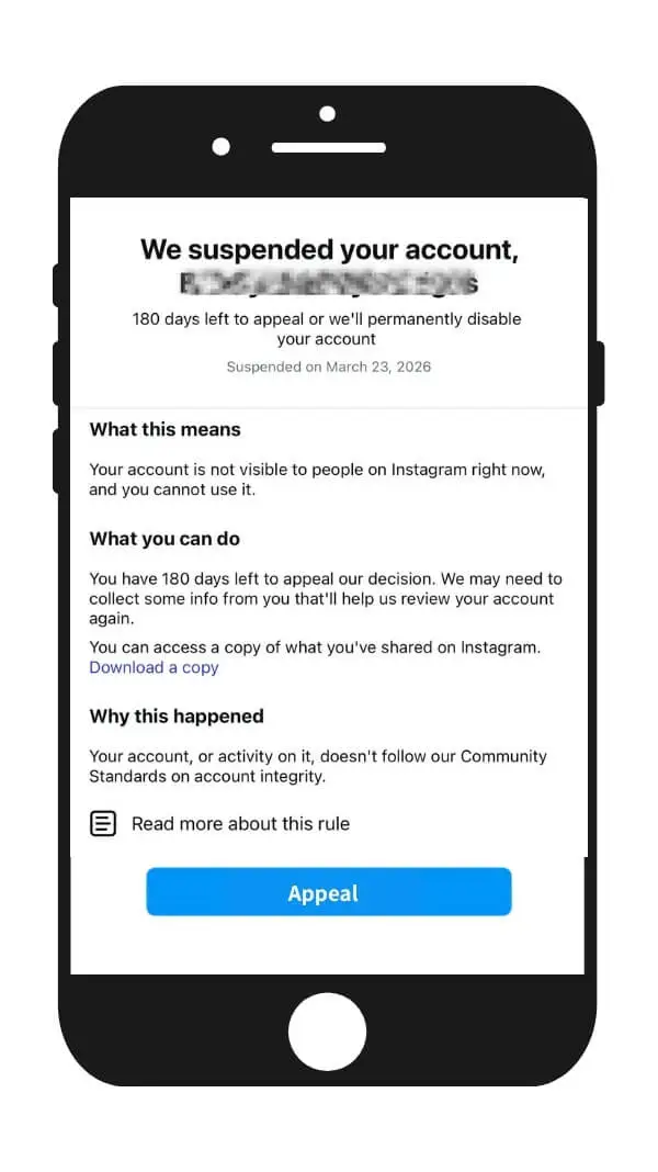 Account suspension notification with appeal button
