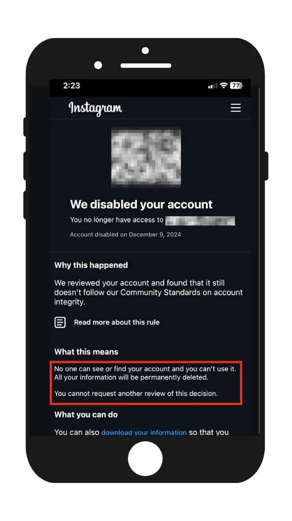 Permanent ban final decision notification