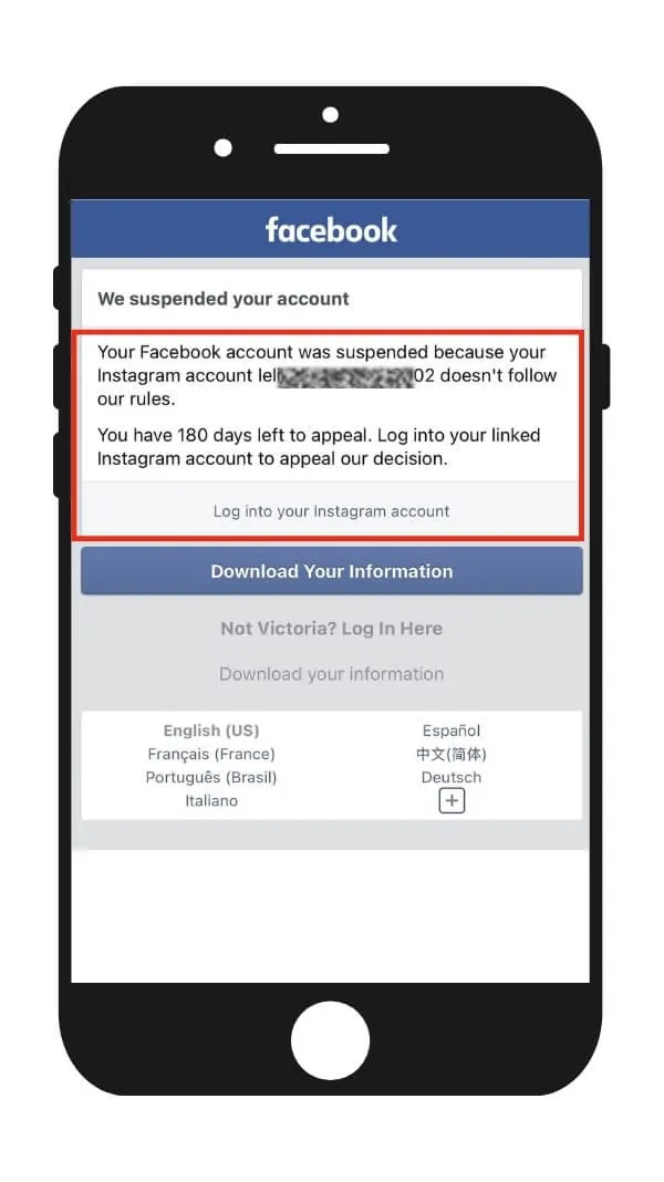 Facebook suspended due to Instagram suspension