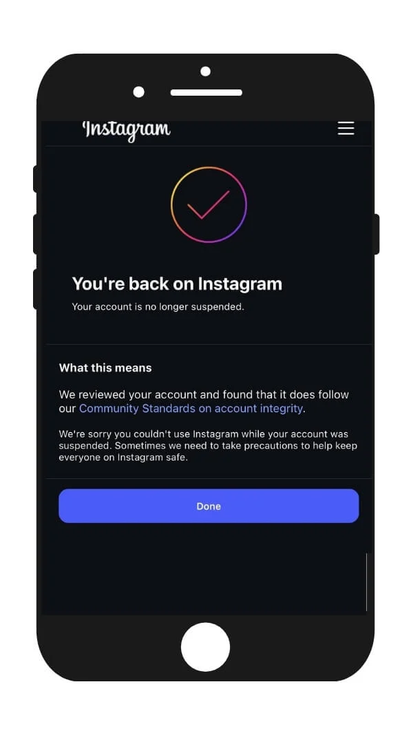 Account recovered notification — you are back on Instagram