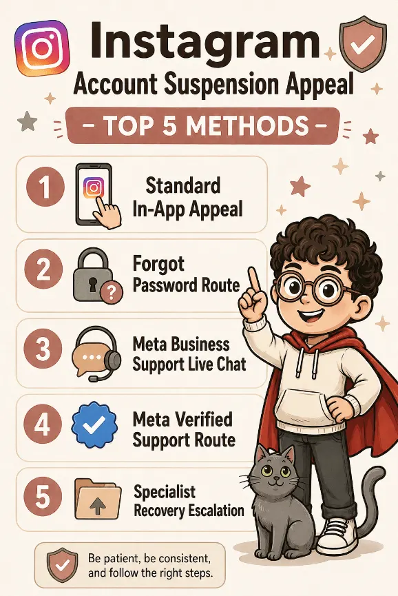 Infographic image for Instagram account suspension appeal methods