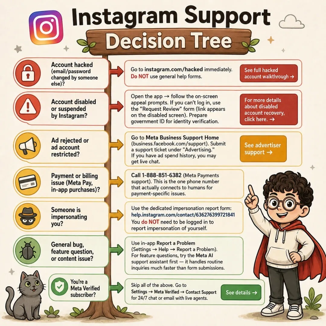 Instagram support decision tree — which contact method to use based on your issue type