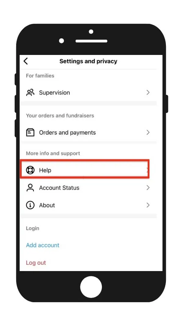 Report a problem to Instagram step 2 — finding Help option
