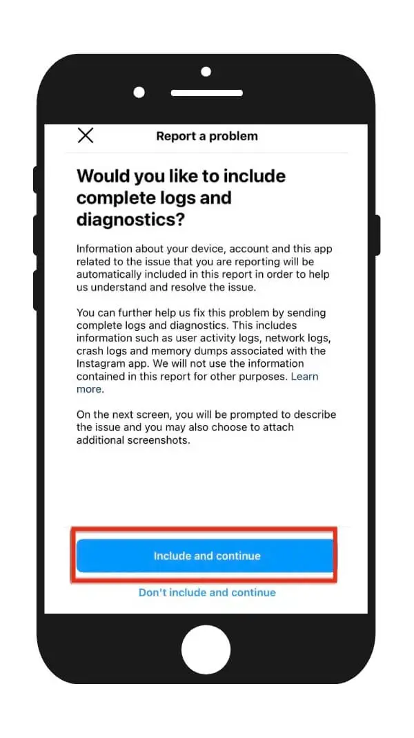 Report a problem to Instagram step 5 — include and continue