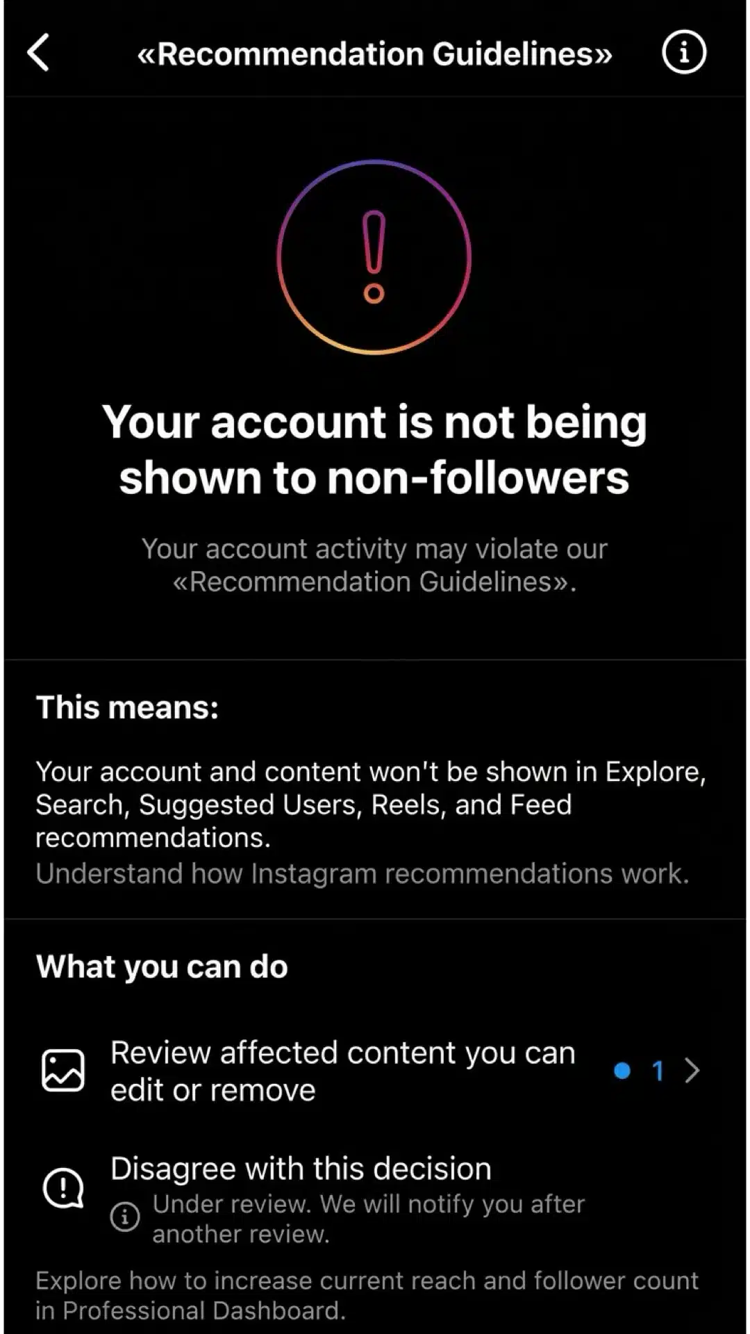 Instagram shadowban notification example
