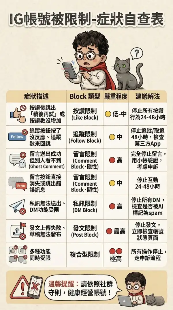ig帳號被限制-症狀自查表-infographic資訊圖表-照著列表檢查就知道自己為何遭到限制及如何解除
