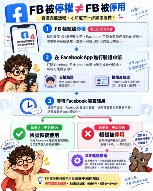 fb從被判定違規到被停權到被停用的完整流程說明圖
