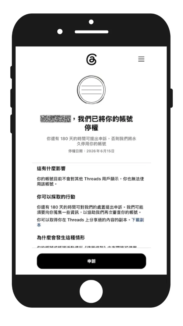 threads 帳號被停權-通知